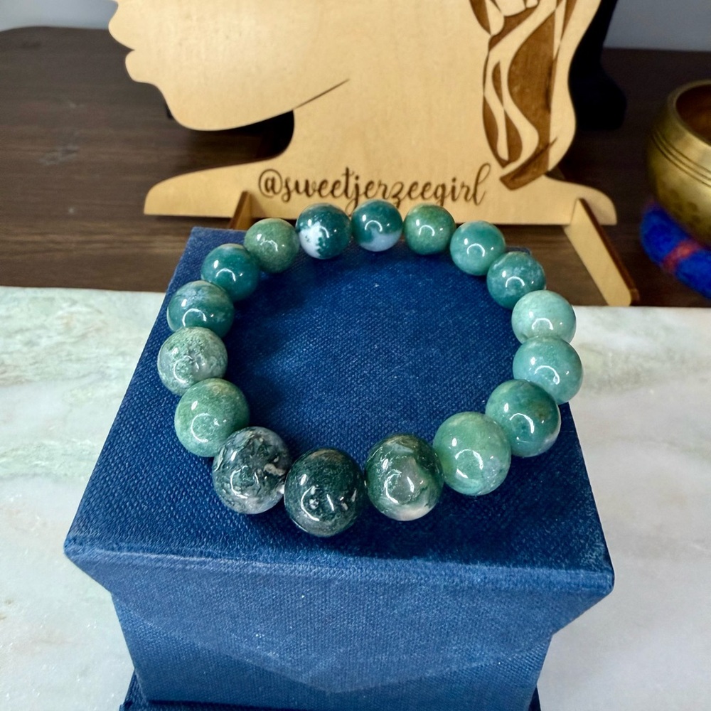 Green Moss Agate Wisdom Stone Round Bead Unisex Stretch Bracelet